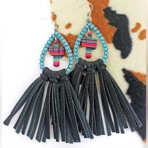 Serape cactus rainwood black fringe earrings